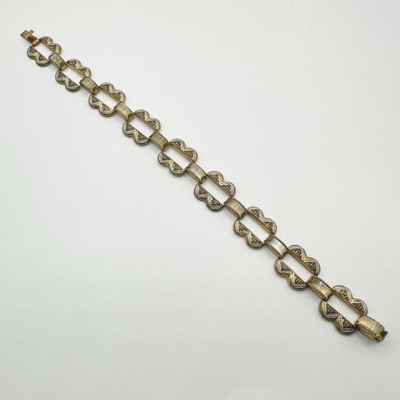Vintage Bracelet 7" Spain Damascene Mother of Pearl Link Etched Copper Retro - Picture 3 of 11